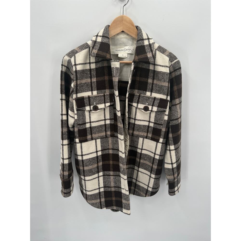 TREASURE & BOND Nordstrom Brown & White Wool Blend Plaid Shacket // XS - Picture 5 of 12